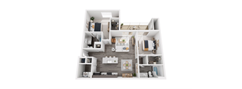 A top-down view of a well-organized apartment with a living room, kitchen, and bedrooms.