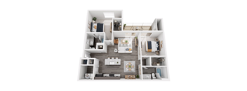 A top-down view of a well-organized apartment with a living room, kitchen, and bedrooms.
