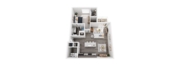 A top-down view of a small apartment with a kitchen, living room, and bedroom.