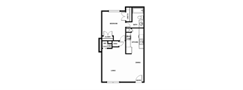 A floor plan of a house with a living room, dining room, kitchen, bathroom, bedroom and closet.