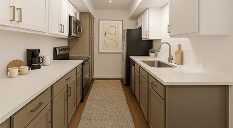 A kitchen with white cabinets and a black fridge.