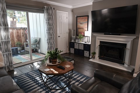 a living room with a tv and a fireplace