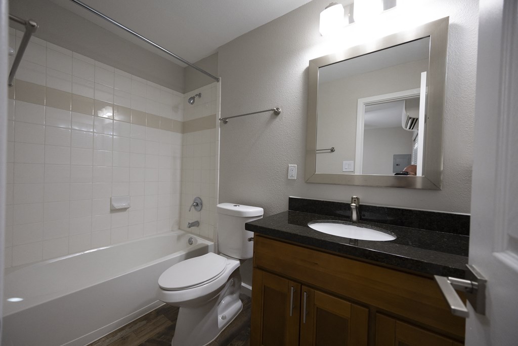 a bathroom with a sink toilet and tub and a mirror