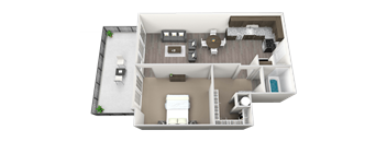 A 3D rendered image of a house layout.