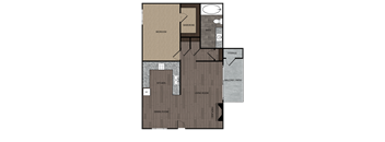 One bedroom one full bathroom and kitchen rendered floorplan drawing. Includes private balcony/patio with storage and fireplace. Approximately 680 square feet.