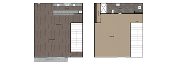 2D rendered drawing of one bedroom and one full size bathroom with full size kitchen and private patio/balcony. Townhome style with living area downstairs and bedroom and bathroom upstairs. Approximately 700 square feet.