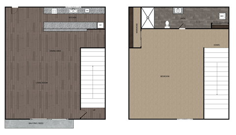 2D rendered drawing of one bedroom and one full size bathroom with full size kitchen and private patio/balcony. Townhome style with living area downstairs and bedroom and bathroom upstairs. Approximately 700 square feet.