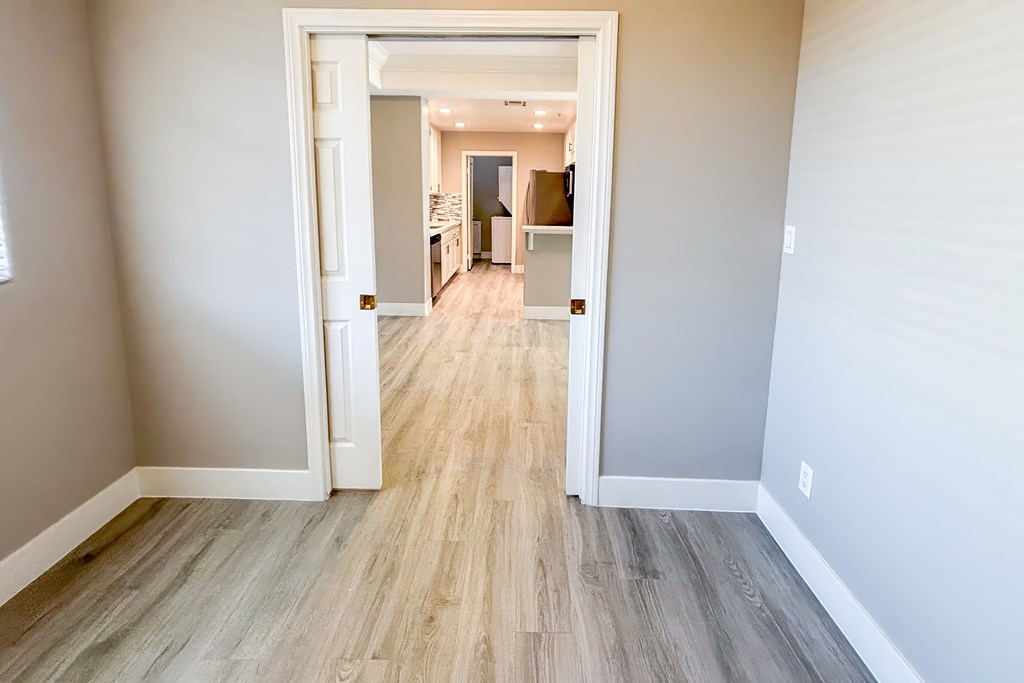 A hallway with a white door leading to another room.