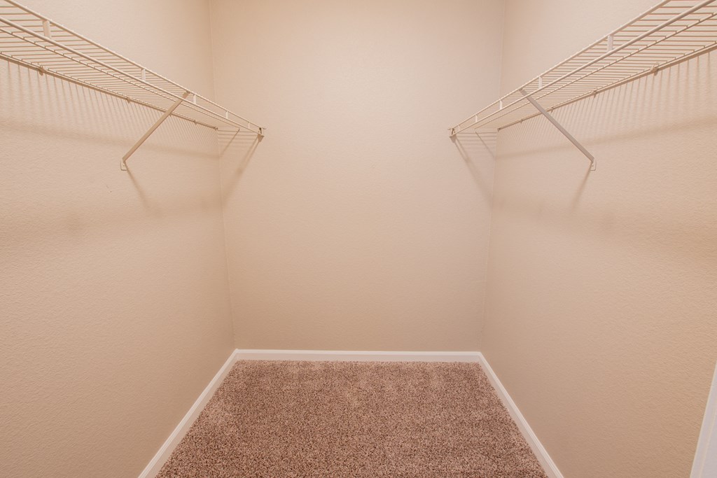 a spacious closet in a bedroom with a carpeted floor and a hanging rack