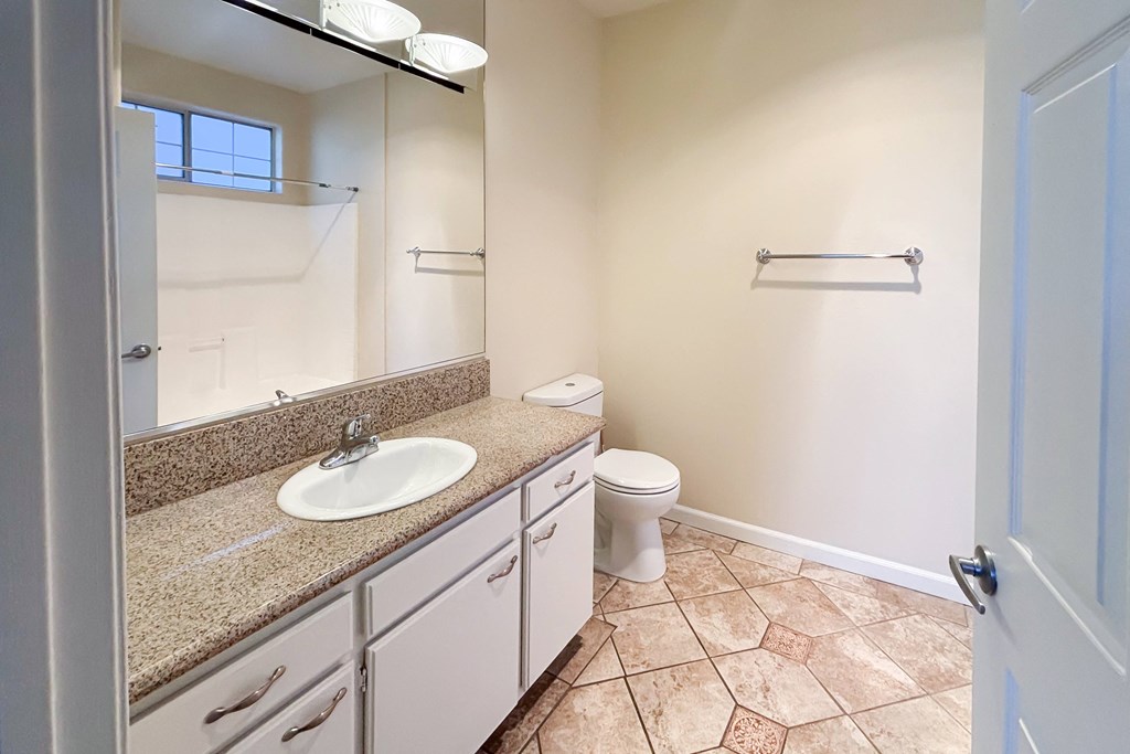 A bathroom with a sink, toilet, and a mirror.