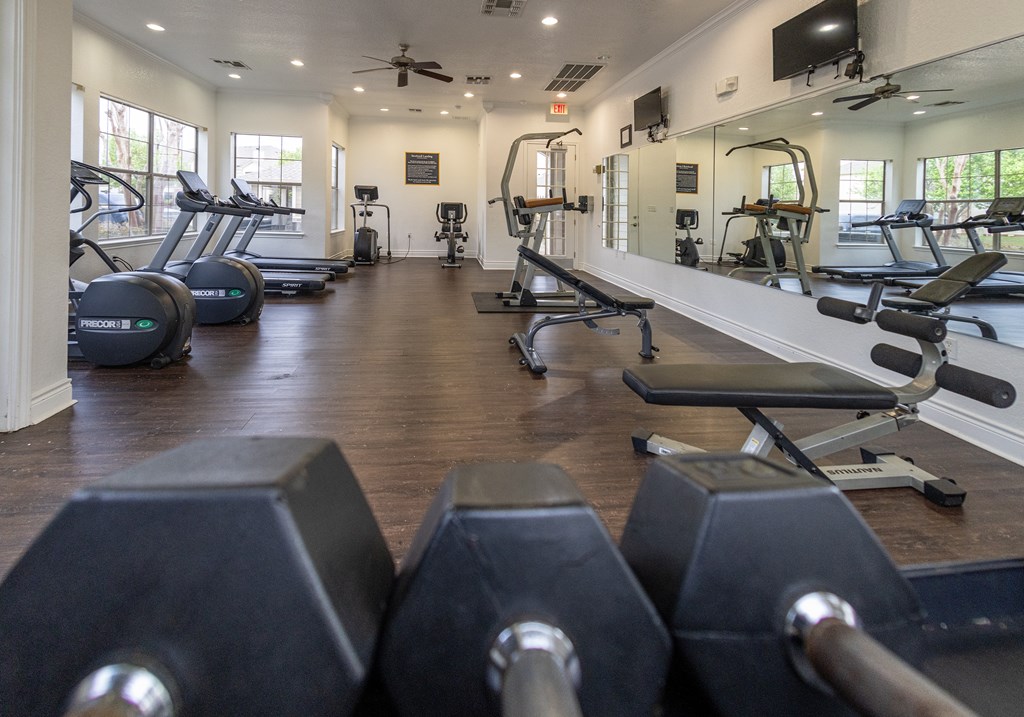 A gym with a mirror, treadmills, and weights.