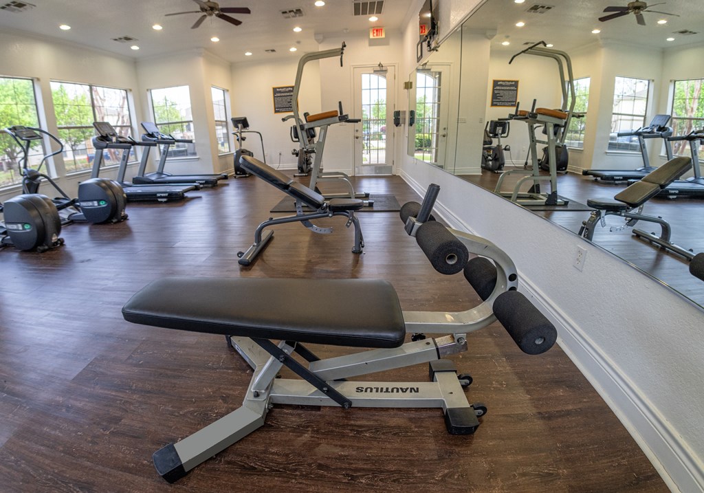 A gym with a variety of equipment including treadmills, weights, and a bench.