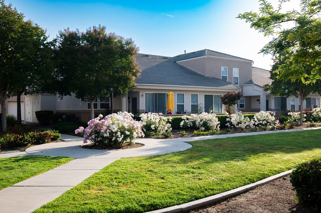 A residential area with houses and well-maintained gardens.