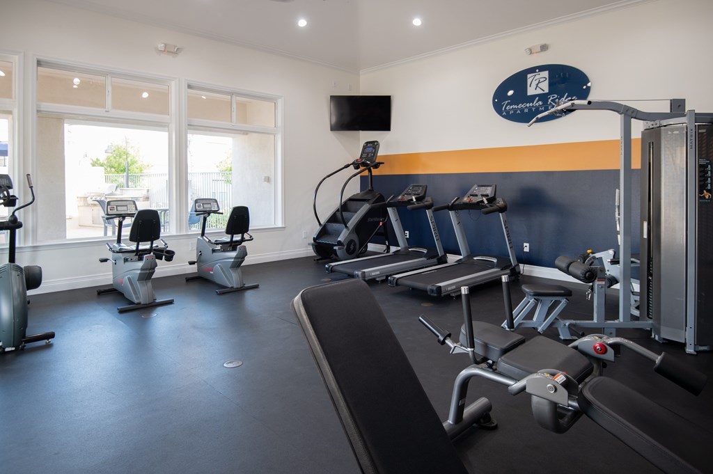A gym with treadmills, exercise bikes, and other equipment.