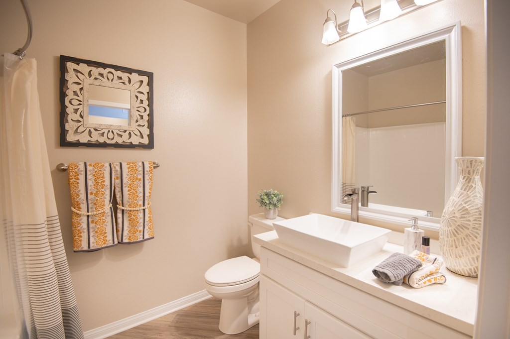 A bathroom with a toilet, sink, and mirror.