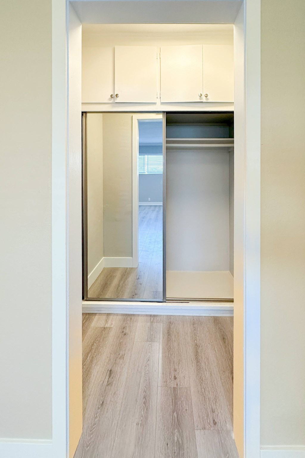 A kitchen with a white cabinet and a glass door.