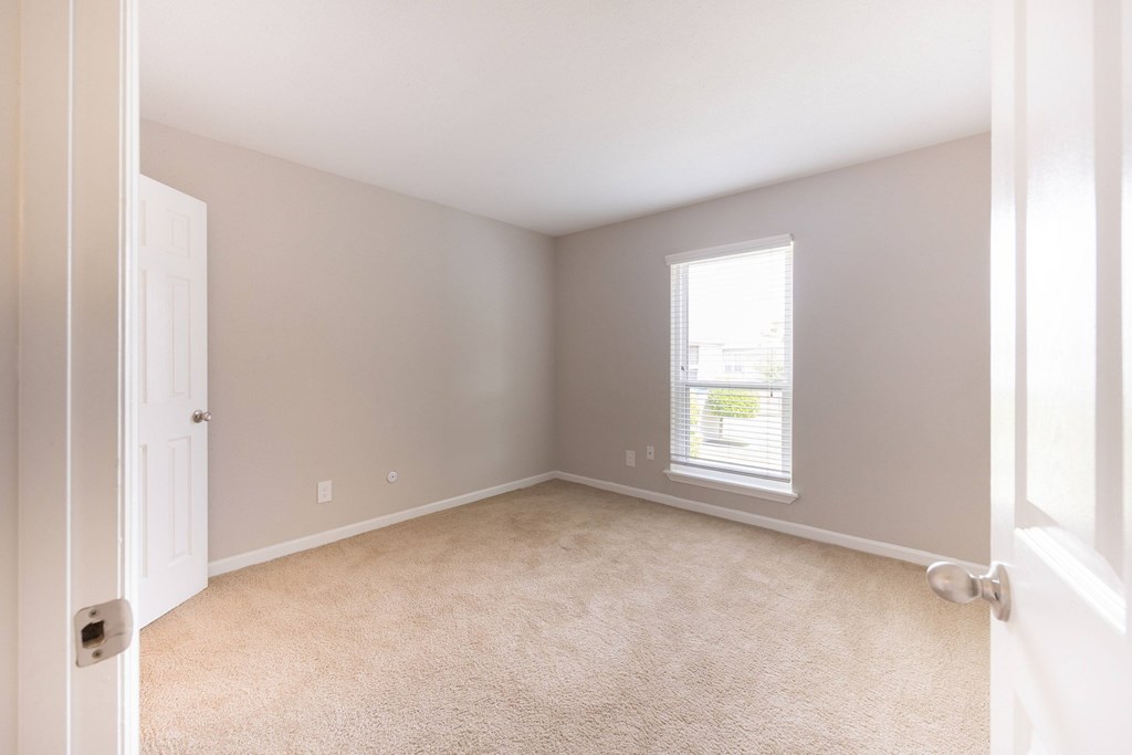 A room with a carpeted floor and a window with blinds.