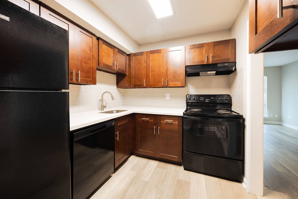 A black refrigerator is in a kitchen with wooden cabinets.