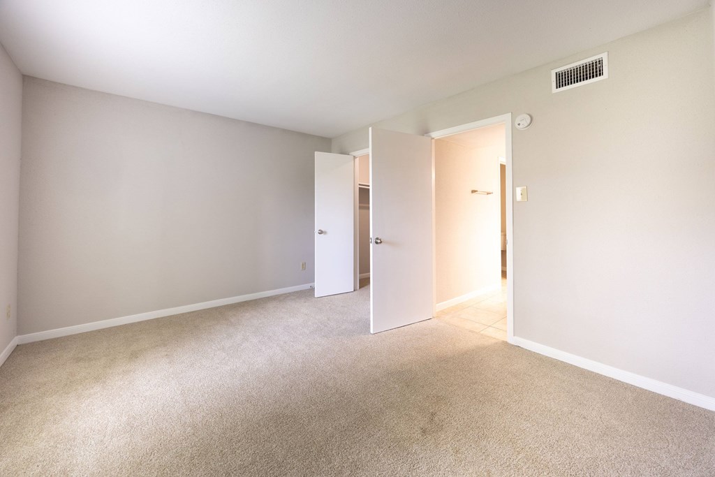 A room with a carpeted floor and two white doors.