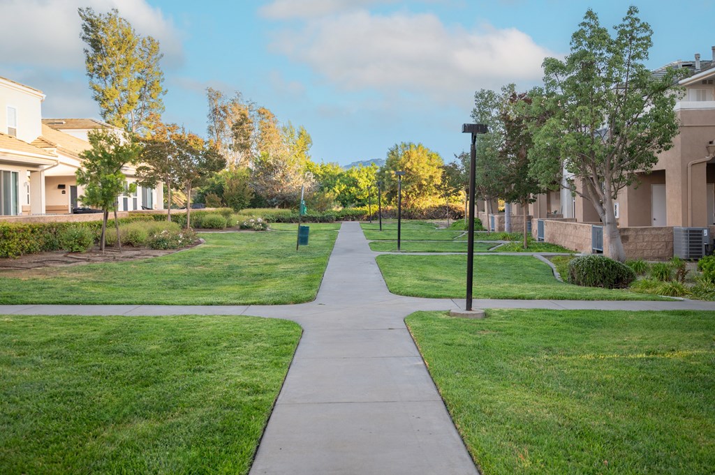 A walkway in a park with grass on either side.