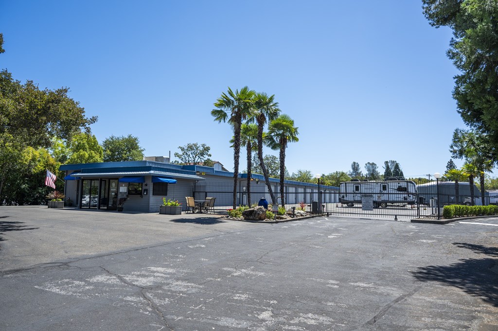 A parking lot with a building and palm trees in the background.