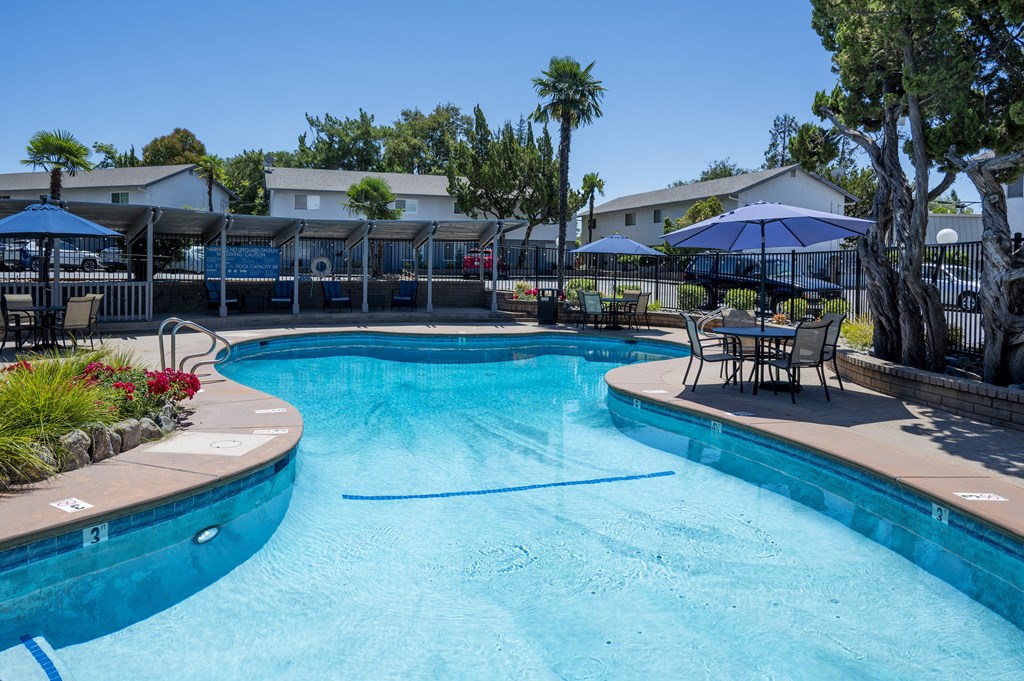 A large swimming pool with a blue tinted water surrounded by a fence and trees.