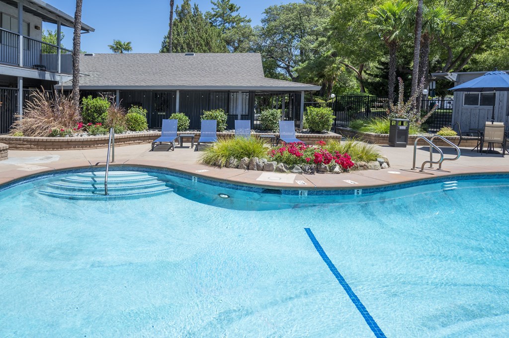 A blue pool with a yellow line in the middle.