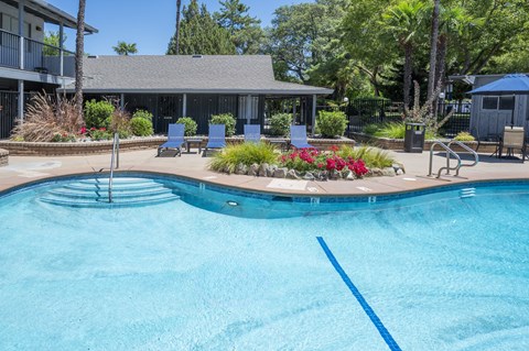 A blue pool with a yellow line in the middle.