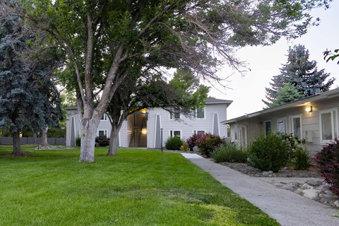 A white house with a tree in front of it.