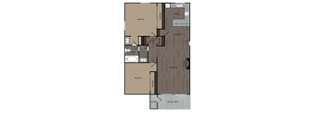 Two bedroom one full bathroom and kitchen rendered floorplan drawing. Includes private balcony/patio with storage and fireplace. Approximately 860 square feet.