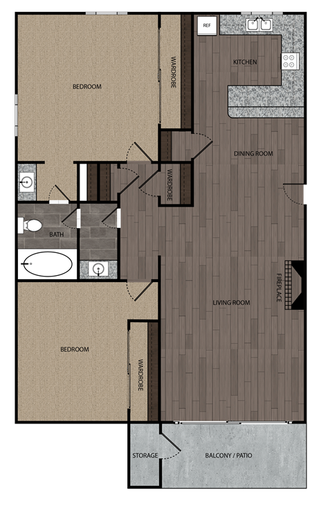 Two bedroom one full bathroom and kitchen rendered floorplan drawing. Includes private balcony/patio with storage and fireplace. Approximately 860 square feet.