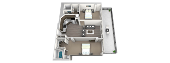 A 3D rendered image of a house layout with two bedrooms, a living room, a kitchen, and a bathroom.