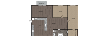 2D rendered drawing of two bedroom and one full size bathroom with full size kitchen and private patio/balcony.  Approximately 1000 square feet.