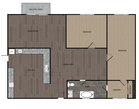 2D rendered drawing of two bedroom and one full size bathroom with full size kitchen and private patio/balcony.  Approximately 1000 square feet.