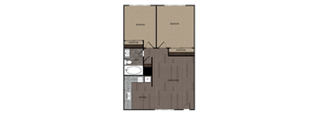Rendered drawing of two bedroom one full bathroom and kitchen. Approximately 650 square feet