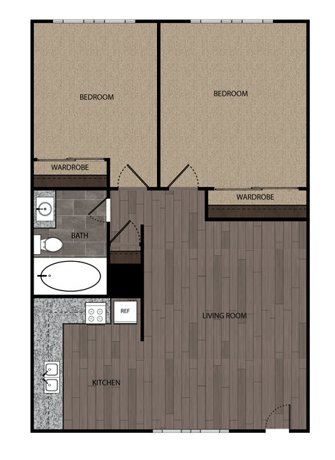Rendered drawing of two bedroom one full bathroom and kitchen. Approximately 650 square feet