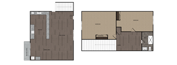 2D rendered drawing of two bedroom and one full size bathroom with full size kitchen and private patio/balcony. Townhome style with living area downstairs and bedrooms and bathroom upstairs. Approximately 700 square feet.