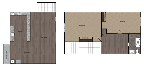 2D rendered drawing of two bedroom and one full size bathroom with full size kitchen and private patio/balcony. Townhome style with living area downstairs and bedrooms and bathroom upstairs. Approximately 700 square feet.