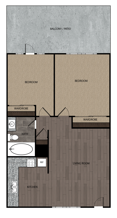 Rendered drawing of two bedroom one full bathroom and kitchen with private patio/ balcony. Approximately 650 square feet