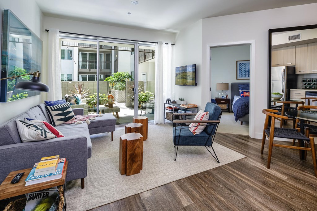 a living room with a couch and a table