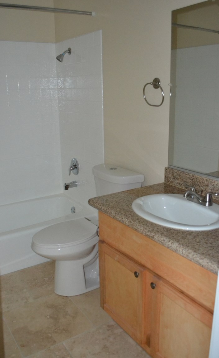 View of bathroom with vanity, inlaid sink, mirror, toilet and tub shower combo