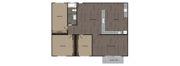 2D rendered drawing of three bedroom and one full size bathroom with full size kitchen and private patio/balcony.  Approximately 1000 square feet.