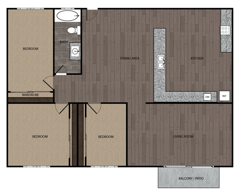 2D rendered drawing of three bedroom and one full size bathroom with full size kitchen and private patio/balcony.  Approximately 1000 square feet.