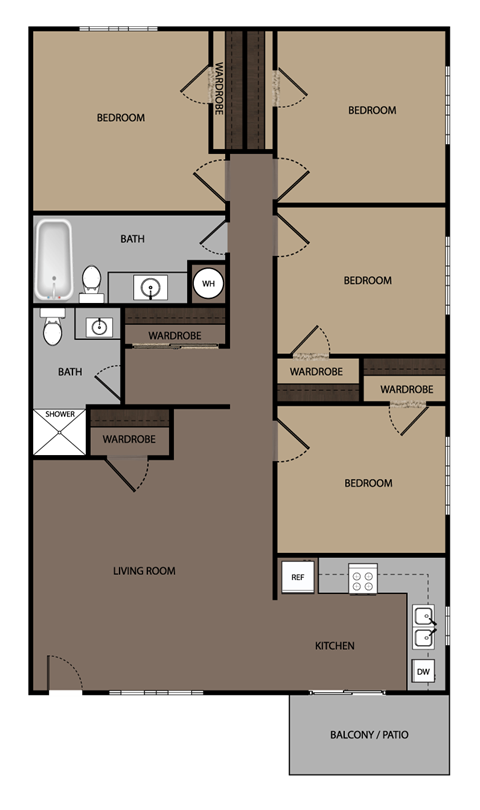 Four bedroom, 2 bathroom layout