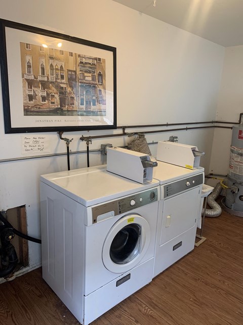 A picture of a building is hanging on the wall above a washing machine.