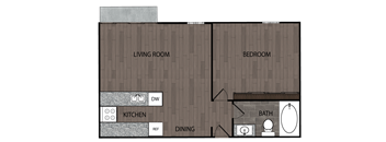 Rendered drawing of one bedroom and one full bathroom floor plan with private patio/ balcony. Approximately 745 square feet.