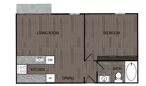 Rendered drawing of one bedroom and one full bathroom floor plan with private patio/ balcony. Approximately 745 square feet.