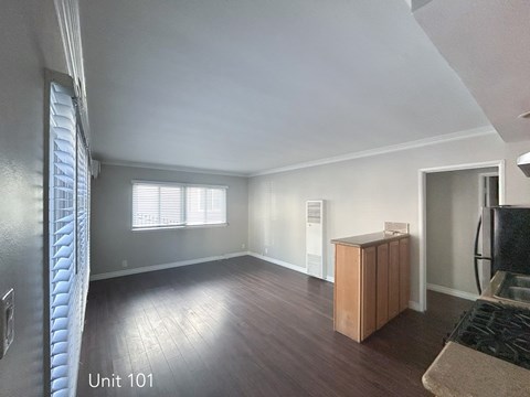 A living room with wooden floors and a window with blinds.