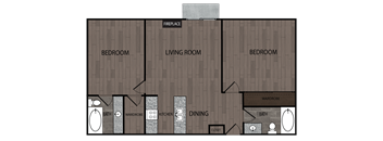Rendered drawing of two bedroom and two full bathroom floor plan with private patio/ balcony. Approximately 745 square feet.