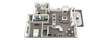 3D rendered drawing of spacious one bedroom and one full bathroom and kitchen with study, private patio/ balcony, and fireplace. Approximately 992 square feet.